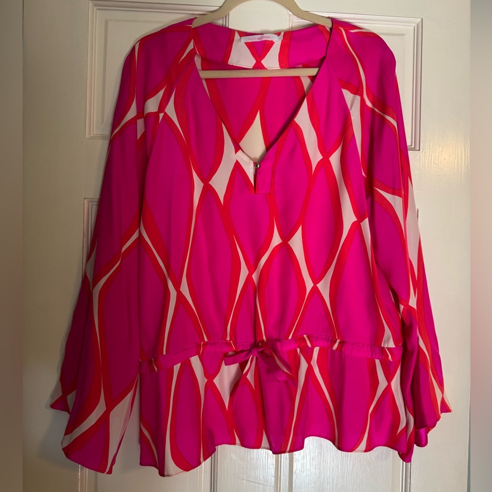 Alice & Trixie Pink and Red Geometric V-Neck Blouse with Waist Tie